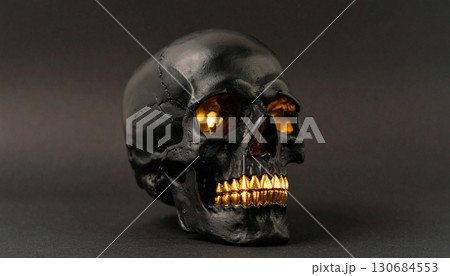 Matte Black Skull with Metallic Gold Teeth. Hallowen Concept. Generated Image 130684553