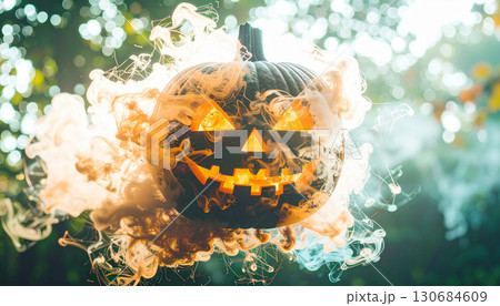 Abstract Halloween Smoke Forming Pumpkin Shape. Hallowen Concept. Generated Image 130684609