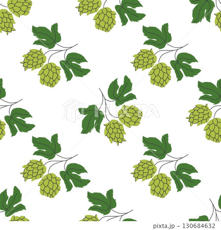 Seamless pattern of green hop cones and leaves on white background symbolizing beer brewing and natural ingredients 130684632