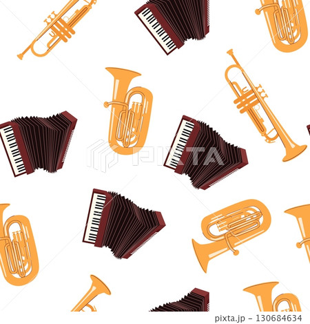 Seamless pattern of musical instruments including trumpets tubas and accordions in flat style on white background for music and festival themes Seamless pattern of musical instruments including trumpets tubas and accordions in flat style on white background for music and festival themes 130684634