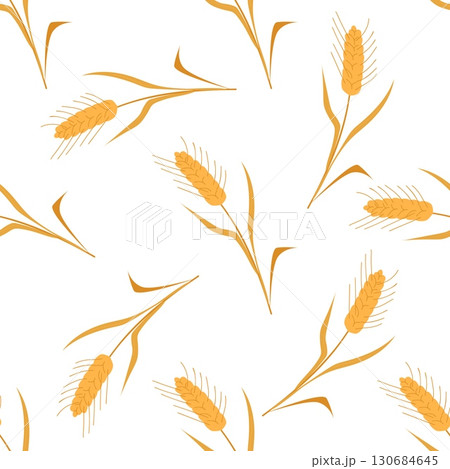 Seamless pattern of golden wheat stalks with leaves on white background symbolizing harvest farming and natural agriculture 130684645