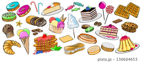 Dessert food - pastries, ice cream and sweets collection - vector illustration Dessert food - pastries, ice cream and sweets collection - vector illustration 130684653