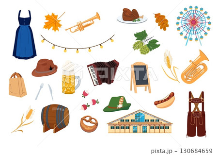Traditional Oktoberfest elements with beer mug pretzel bratwurst dirndl lederhosen hats music instruments and autumn decorations 130684659