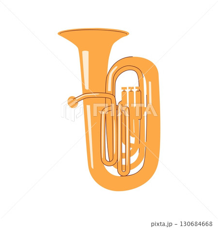 Brass tuba musical instrument in orange color with curved tubing and three valve buttons isolated on white background 130684668