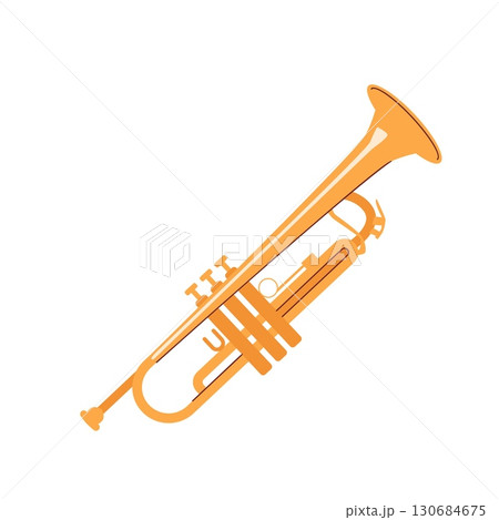 Classic brass trumpet in orange color with three valve buttons and flared bell angled on white background for music and band themed designs Classic brass trumpet in orange color with three valve buttons and flared bell angled on white background for music and band themed designs 130684675