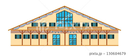Traditional Bavarian beer hall building with wooden beams green shutters and festive blue and white garlands on facade 130684679