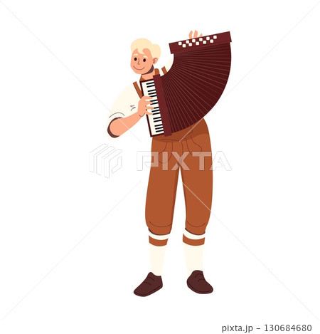 Smiling man in traditional Bavarian clothing playing accordion during folk music performance on white background 130684680