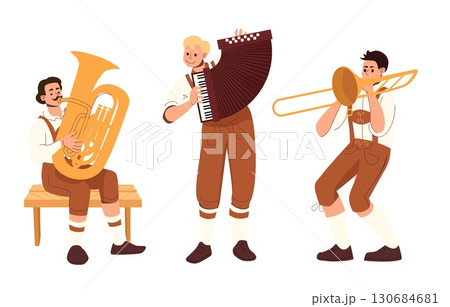 Men in traditional Bavarian clothing playing tuba accordion and trombone during folk music performance on white background 130684681