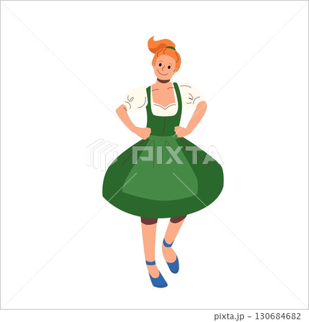 Woman in traditional Bavarian dirndl costume dancing with hands on waist and swirling green dress celebrating Oktoberfest cultural festival 130684682