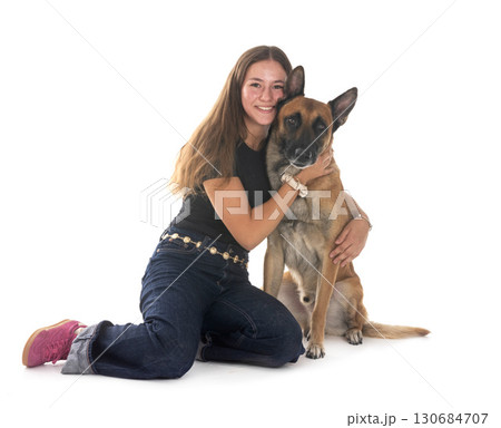 malinois and woman in studio 130684707