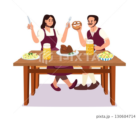 Couple in traditional Bavarian costumes sitting at wooden table enjoying beer pretzel roast chicken and festive meal during Oktoberfest celebration Couple in traditional Bavarian costumes sitting at wooden table enjoying beer pretzel roast chicken and festive meal during Oktoberfest celebration 130684714