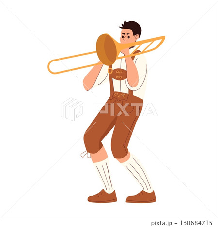 Man in traditional Bavarian outfit playing trombone standing on white background isolated cartoon style character Man in traditional Bavarian outfit playing trombone standing on white background isolated cartoon style character 130684715