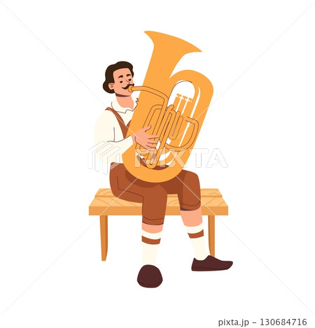 Man in traditional outfit playing brass tuba while sitting on wooden bench isolated on white background 130684716