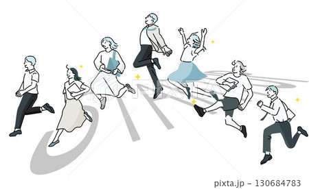 スタートアップのイメージイラストージャンプするビジネスパーソンーカジュアル服ー白バックイラスト素材 130684783