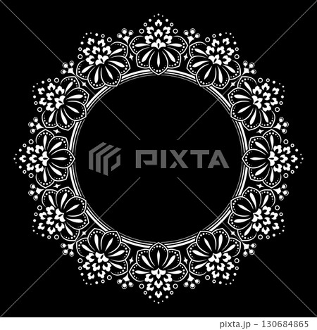 Decorative frame Elegant vector element for design in Eastern style, place for text. Floral black and white border. Lace illustration for invitations and greeting cards. 130684865