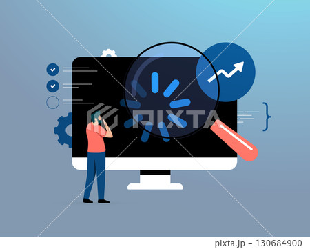 Website performance optimization - reduce page load times with magnifying glass over loading screen. Web analytics growth chart and user analyzing data problems. SEO speed testing vector illustration 130684900