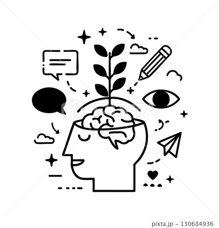 Drawing of a head with a pencil and a leaf 130684936