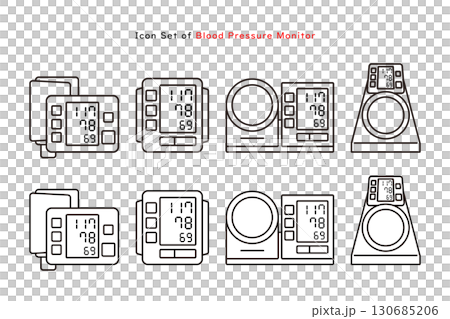 Icon set of blood pressure monitors of various shapes Icon set of blood pressure monitors of various shapes 130685206