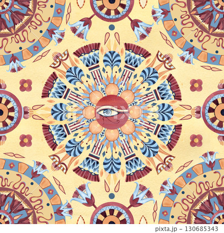 Egyptian ethnic seamless pattern, ornament round, eye of Horus. Carpet style, sacred lotus. Watercolor illustration isolated on yellow background for textile, souvenirs merchandise, packaging 130685343