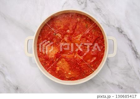 Classic pappa al pomodoro Italian soup in a pot 130685417