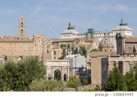 Rome, Italy - August 17, 2019: View of the ancient structures of the Roman Forum 130685445