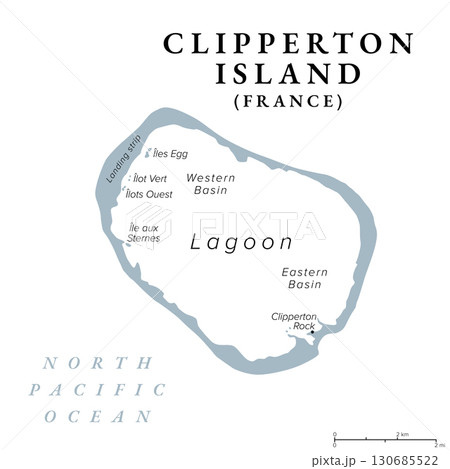 Clipperton Island, gray political map. Also known as Clipperton Atoll, an uninhabited French coral atoll in the eastern Pacific Ocean and the only French territory in the North Pacific. Vector 130685522
