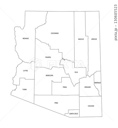 State of Arizona, divided into 15 counties, outline map. Landlocked state, in the Southwestern region of the United States, nicknamed Grand Canyon State. Map with county borders and names. Vector 130685523