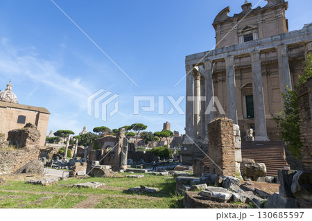Rome, Italy - August 17, 2019: View of the ancient structures of the Roman Forum Rome, Italy - August 17, 2019: View of the ancient structures of the Roman Forum 130685597