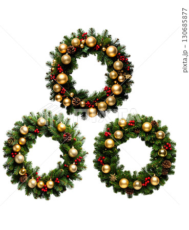Christmas wreath decorated with red bow to celebrate the festival isolated on white background Christmas wreath decorated with red bow to celebrate the festival isolated on white background 130685877