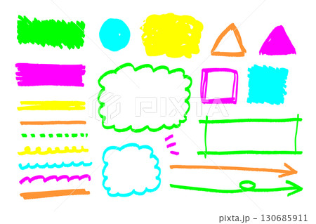 手描き風のカラフルな落書き調イラスト素材セット 吹き出し フレーム 矢印 強調線 130685911