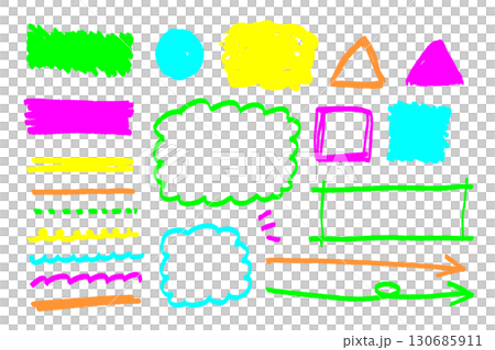 手描き風のカラフルな落書き調イラスト素材セット 吹き出し フレーム 矢印 強調線 130685911