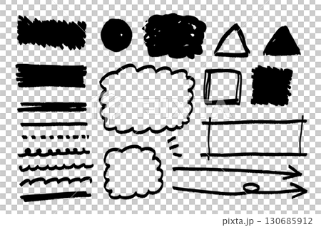 手描き風の黒一色イラスト素材セット 吹き出し フレーム 矢印 強調線 130685912