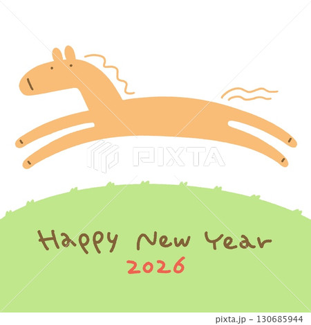 草原を走る馬のかわいい手描き年賀状　2026年　正方形・SNS・LINE用・Instagram用 130685944