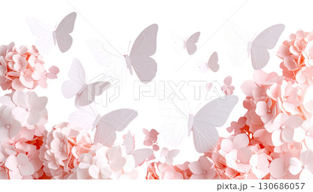 Pink butterfly and flowers. Isolated illustration on white background. Pink butterfly and flowers. Isolated illustration on white background. 130686057