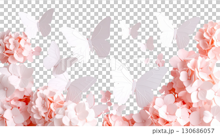 Pink butterfly and flowers. Isolated illustration on white background. Pink butterfly and flowers. Isolated illustration on white background. 130686057