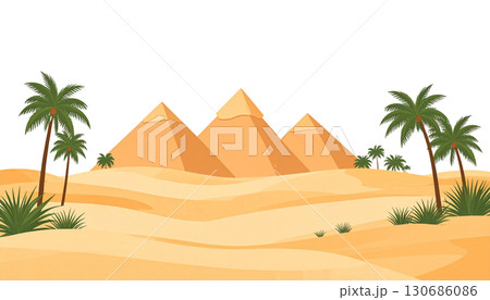 Sunset desert landscape with iconic Giza pyramids isolated on white background. 130686086
