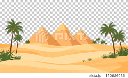 Sunset desert landscape with iconic Giza pyramids isolated on white background. 130686086