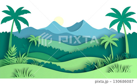 Tropical island landscape with green palm trees, blue sky and ocean isolated on white background. 130686087