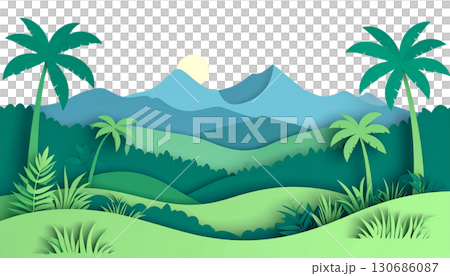 Tropical island landscape with green palm trees, blue sky and ocean isolated on white background. 130686087