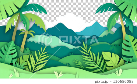 Tropical island landscape with green palm trees, blue sky and ocean isolated on white background. Tropical island landscape with green palm trees, blue sky and ocean isolated on white background. 130686088