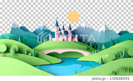 Cartoon fantasy landscape with fairytale castle, green trees, colorful flowers and river under summer sky isolated on white background. Cartoon fantasy landscape with fairytale castle, green trees, colorful flowers and river under summer sky isolated on white background. 130686091