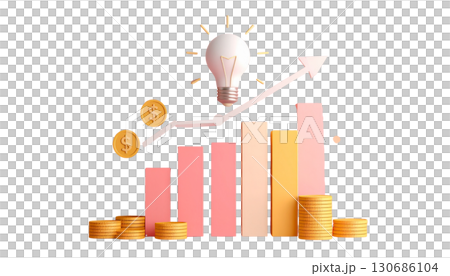 Energy-saving bulb illuminates a 3D business graph illustrating financial growth and market success with an upward arrow Energy-saving bulb illuminates a 3D business graph illustrating financial growth and market success with an upward arrow 130686104