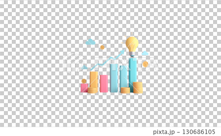 Energy-saving bulb illuminates a 3D business graph illustrating financial growth and market success with an upward arrow Energy-saving bulb illuminates a 3D business graph illustrating financial growth and market success with an upward arrow 130686105