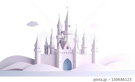 Illustration of a fantasy winter landscape with a medieval castle isolated on white background. 130686123
