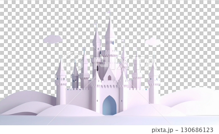 Illustration of a fantasy winter landscape with a medieval castle isolated on white background. 130686123