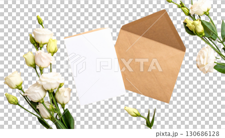 Flowers on white background with beautiful floral pink rose petals and green leaf stem Flowers on white background with beautiful floral pink rose petals and green leaf stem 130686128