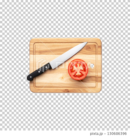 Wooden cutting board with knife and fresh vegetables isolated on white background. 130686396
