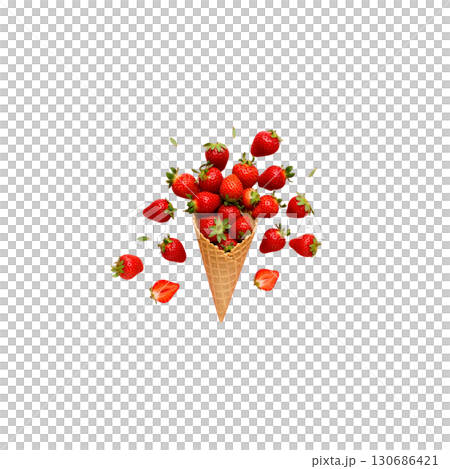 Fresh ripe red strawberries and berries in a bowl with cream. Sweet and healthy summer fruit dessert isolated on white background. 130686421