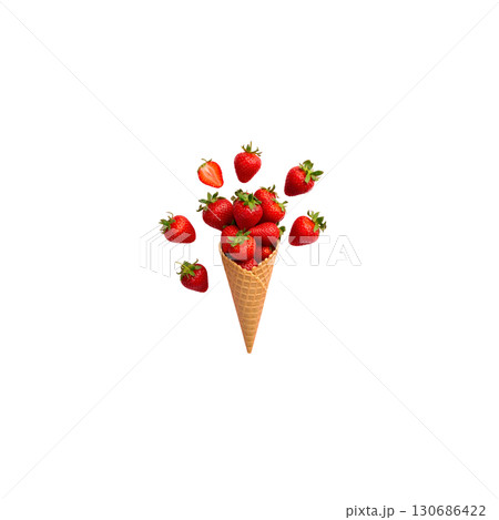 Fresh ripe red strawberries and berries in a bowl with cream. Sweet and healthy summer fruit dessert isolated on white background. 130686422