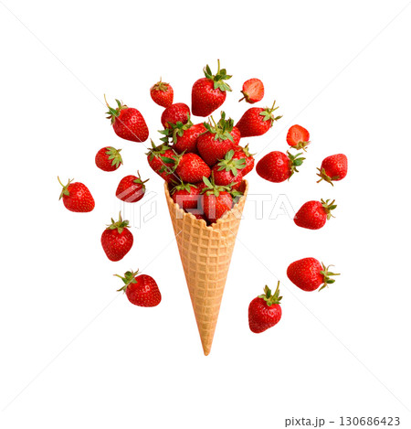 Fresh ripe red strawberries and berries in a bowl with cream. Sweet and healthy summer fruit dessert isolated on white background. 130686423